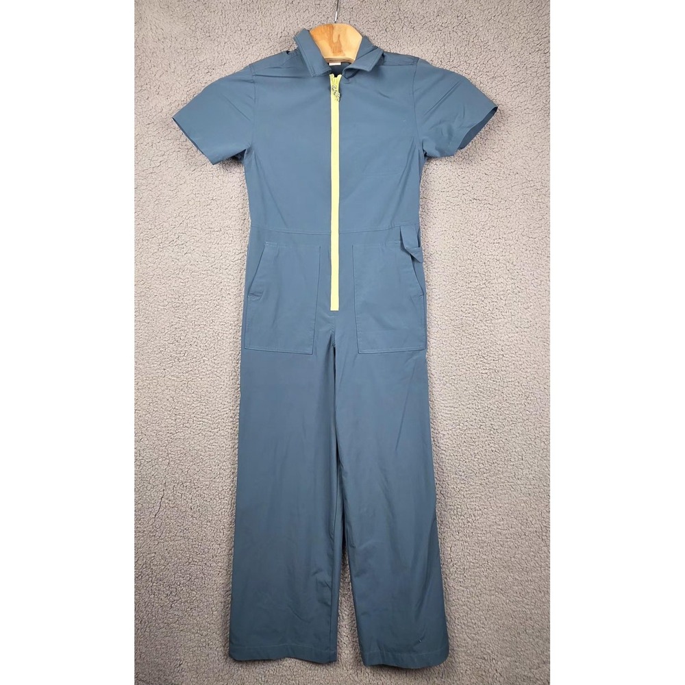 Stoic Utility Jumpsuit Womens XS Blue Stretch Short Sleeve Zip‎ Front Wide Leg
